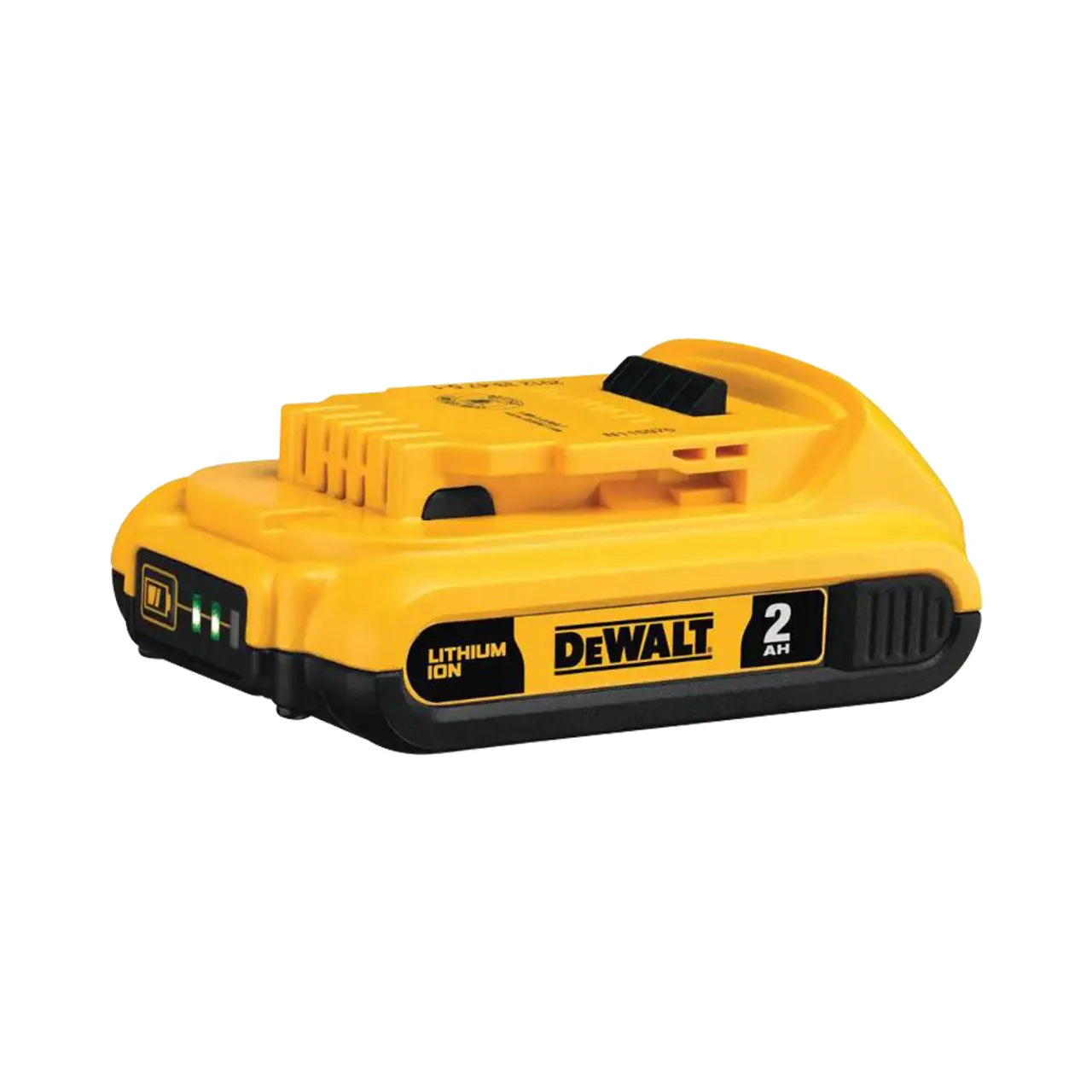 A yellow Go Build 20V MAX Compact Lithium-Ion 2.0Ah Battery Pack with black base and green battery indicator, from The Fastest Way To Build.